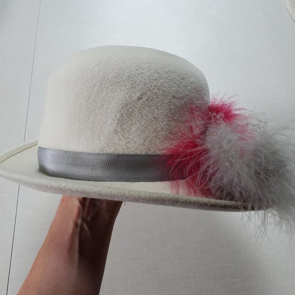 White Cream Vtg Fedora Imported Velour Feather Hat - Picture 2 of 11